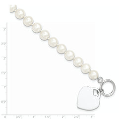 Sterling Silver Rhodium-plated 8-9mm White Near-Round Freshwater Cultured Pearl Heart Toggle 7.5 inch Bracelet