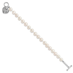 Sterling Silver Rhodium-plated 8-9mm White Near-Round Freshwater Cultured Pearl Heart Toggle 7.5 inch Bracelet