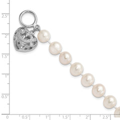 Sterling Silver Rhodium-plated 8-9mm White Near-Round Freshwater Cultured Pearl Heart Toggle 7.5 inch Bracelet