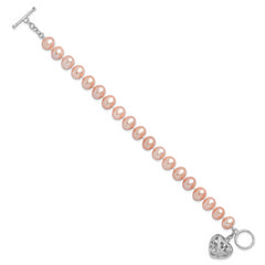 Sterling Silver RH-plated 9-10mm Pink FWC Pearl Heart 7.5in Bracelet