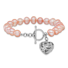 Sterling Silver RH-plated 9-10mm Pink FWC Pearl Heart 7.5in Bracelet