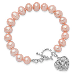 Sterling Silver RH-plated 9-10mm Pink FWC Pearl Heart 7.5in Bracelet