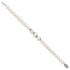 Sterling Silver Rhodium-plated 7-10mm White Near-Round Freshwater Cultured Pearl Fancy 7 inch Bracelet