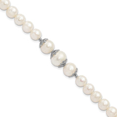 Sterling Silver Rhodium-plated 7-10mm White Near-Round Freshwater Cultured Pearl Fancy 7 inch Bracelet