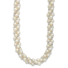 Sterling Silver Rhodium-plated 6-7mm White Near-Round Pearl and Glass Beaded Twisted 18 inch Necklace