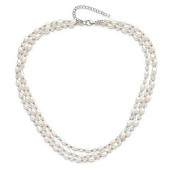 Sterling Silver 4-5mm Freshwater Cultured Pearl & Crystal Bead 3-Strand With 2in ext Necklace