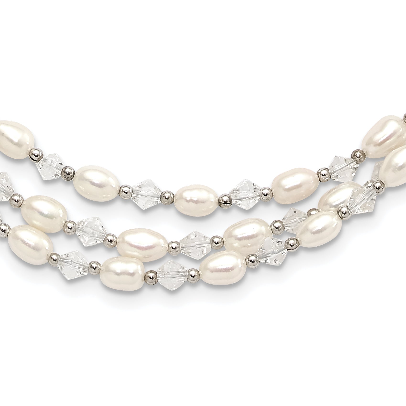 Sterling Silver 4-5mm Freshwater Cultured Pearl & Crystal Bead 3-Strand With 2in ext Necklace