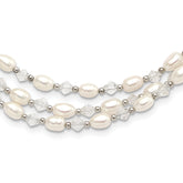 Sterling Silver 4-5mm Freshwater Cultured Pearl & Crystal Bead 3-Strand With 2in ext Necklace