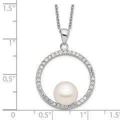 Sterling Silver Rhodium-plated 8-9mm White Button Freshwater Cultured Pearl and CZ 17 inch Necklace