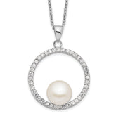 Sterling Silver Rhodium-plated 8-9mm White Button Freshwater Cultured Pearl and CZ 17 inch Necklace