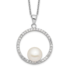 Sterling Silver Rhodium-plated 8-9mm White Button Freshwater Cultured Pearl and CZ 17 inch Necklace