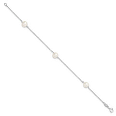 Sterling Silver Rhodium-plated 7-8mm White Semi-Round Freshwater Cultured Pearl 3-Station 7.5 inch Bracelet