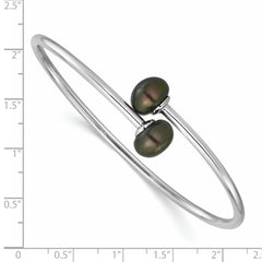 Sterling Silver Rhodium-plated 9-10mm Black Button Freshwater Cultured Pearl Flexible Bangle