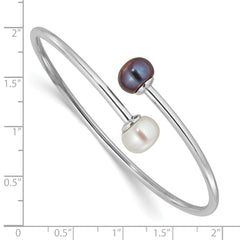 Sterling Silver Rhodium-plated 9-10mm Black and White Freshwater Cultured Pearl Flexible Cuff Bangle