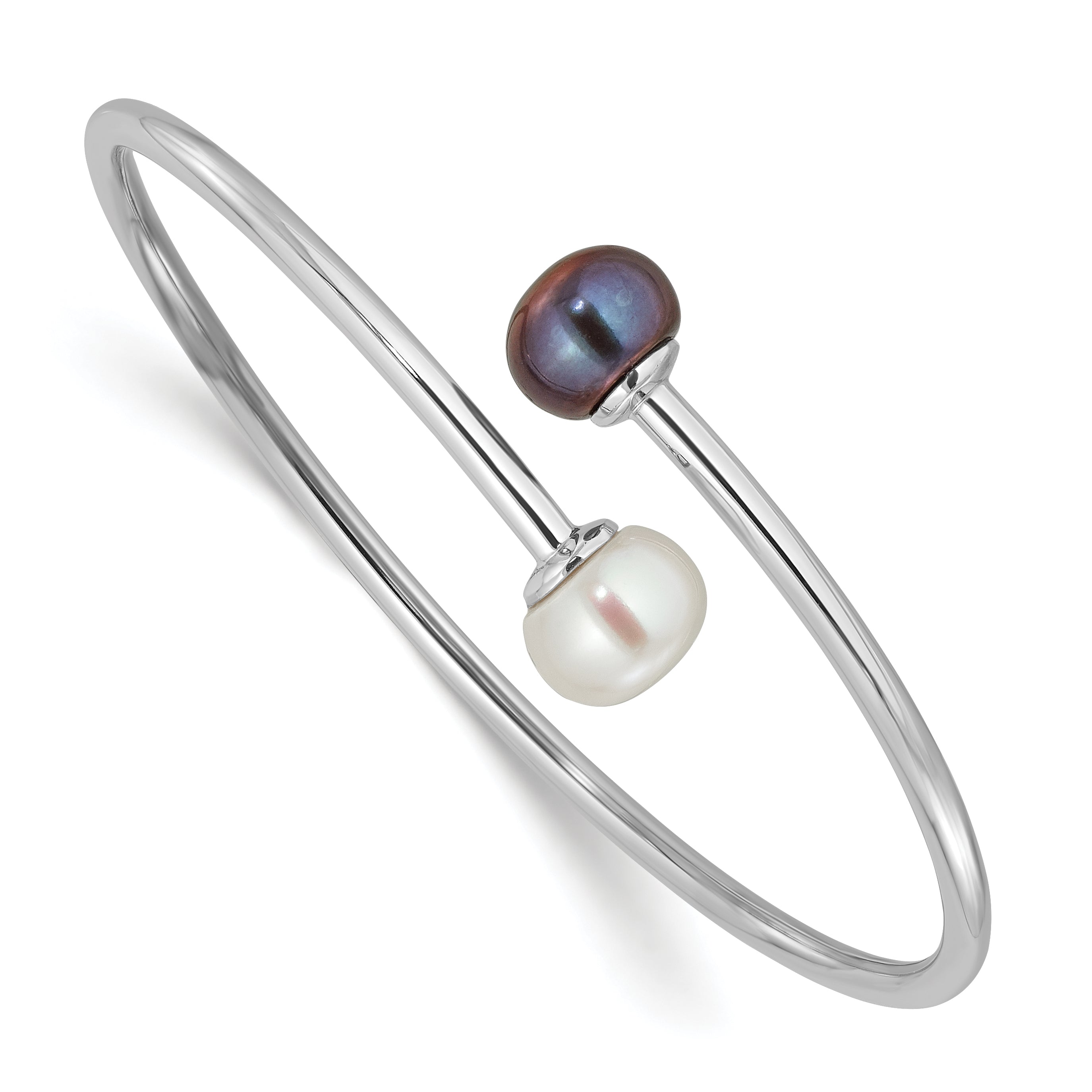 Sterling Silver Rhodium-plated 9-10mm Black and White Freshwater Cultured Pearl Flexible Cuff Bangle