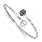 Sterling Silver Rhodium-plated 9-10mm Black and White Freshwater Cultured Pearl Flexible Cuff Bangle