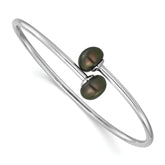 Sterling Silver Rhodium-plated 9-10mm Black Button Freshwater Cultured Pearl Flexible Bangle