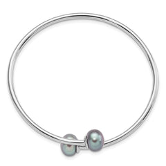 Sterling Silver Rhodium-plated 9-10mm Grey Button Freshwater Cultured Pearl Flexible Cuff Bangle