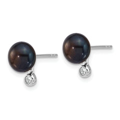 Sterling Silver Rhodium-plated 8-9mm Black Button Freshwater Cultured Pearl and CZ 17 inch Necklace and Post Earrings Set