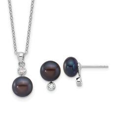 Sterling Silver Rhodium-plated 8-9mm Black Button Freshwater Cultured Pearl and CZ 17 inch Necklace and Post Earrings Set