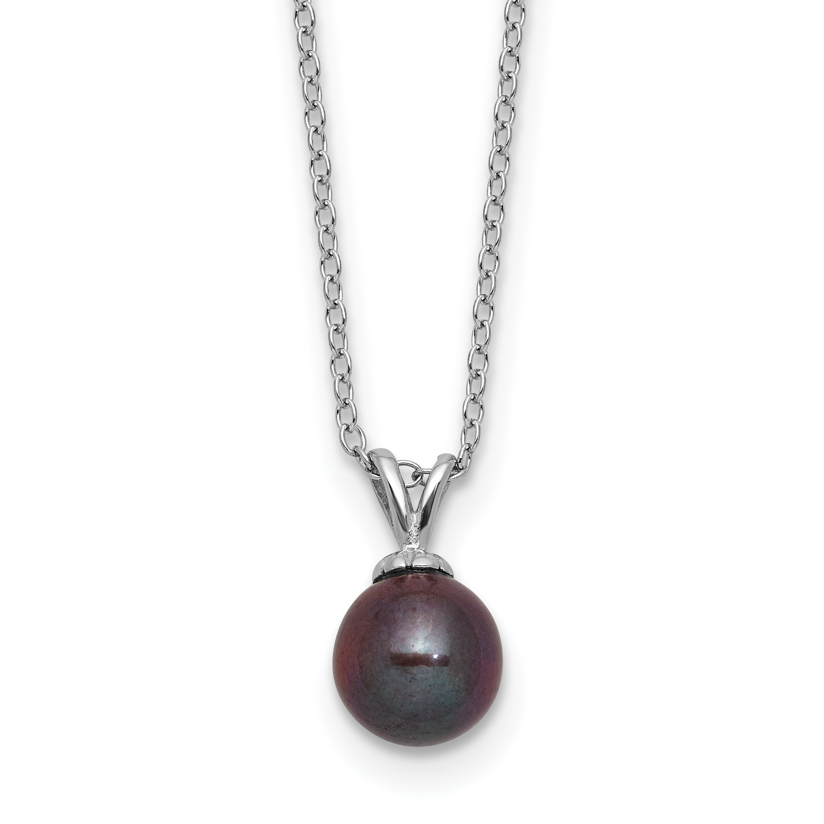 Sterling Silver Rhodium-plated 7-7.5mm Round Black Freshwater Cultured Pearl 17 inch Necklace