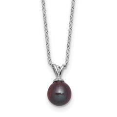 Sterling Silver Rhodium-plated 7-7.5mm Round Black Freshwater Cultured Pearl 17 inch Necklace