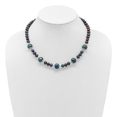 Sterling Silver Rhodium-plated 6-9mm Black Near Round Freshwater Cultured Pearl 5-station 18 inch Necklace