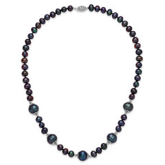 Sterling Silver Rhodium-plated 6-9mm Black Near Round Freshwater Cultured Pearl 5-station 18 inch Necklace