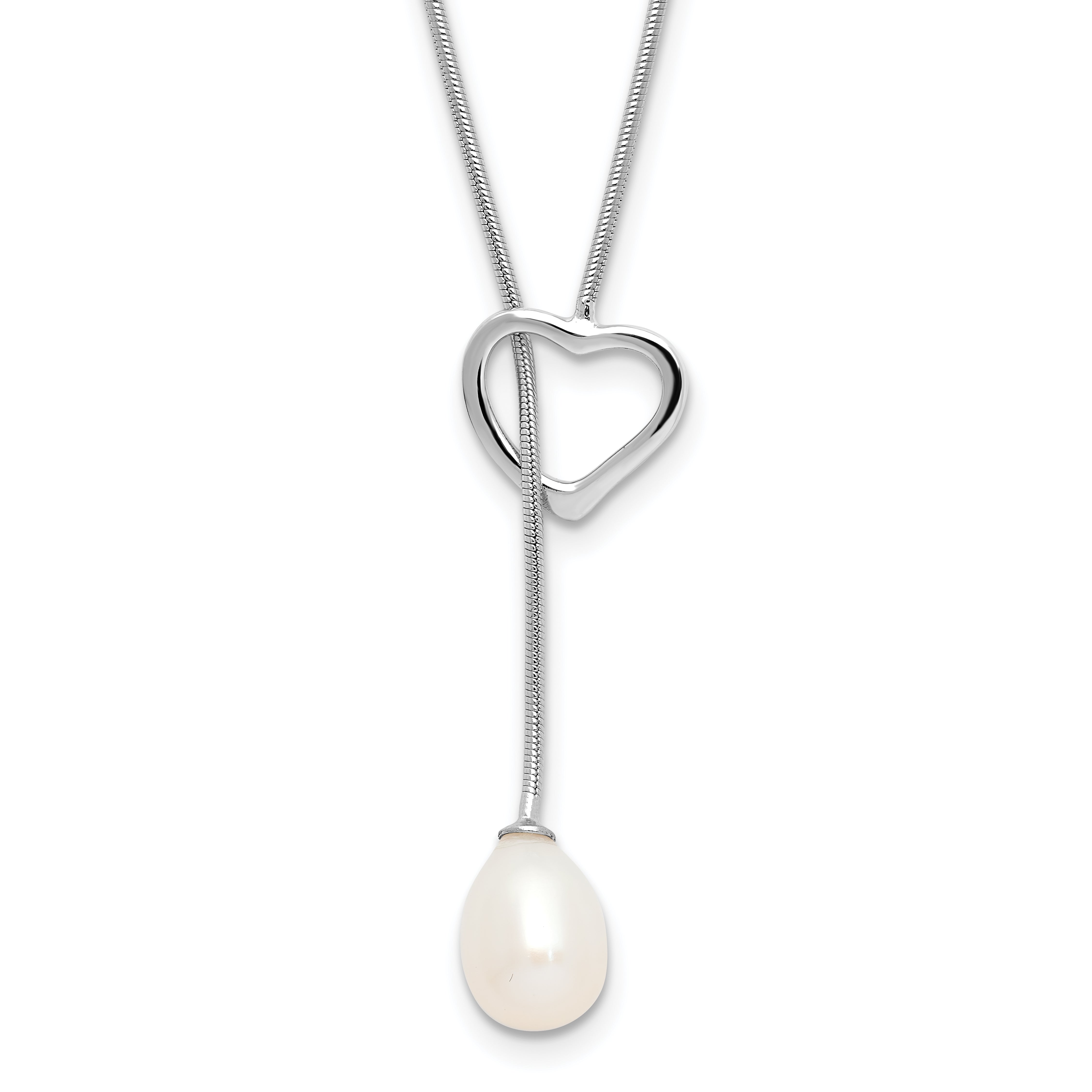 Sterling Silver Rhodium-Rhodium-Plated 7-8mm White Teardrop Freshwater Cultured Pearl Heart 20 inch Necklace