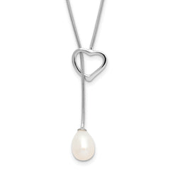 Sterling Silver Rhodium-Rhodium-Plated 7-8mm White Teardrop Freshwater Cultured Pearl Heart 20 inch Necklace