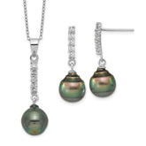 Sterling Silver Rhodium-plated 9-10mm Black Teardrop Tahitian Saltwater Pearl and CZ 17 inch Necklace and Post Dangle Earrings Set