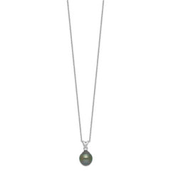 Sterling Silver Rhodium-plated 9-10mm Black Teardrop Tahitian Saltwater Cultured Pearl and CZ 17 inch Necklace and Post Dangle Earrings Set