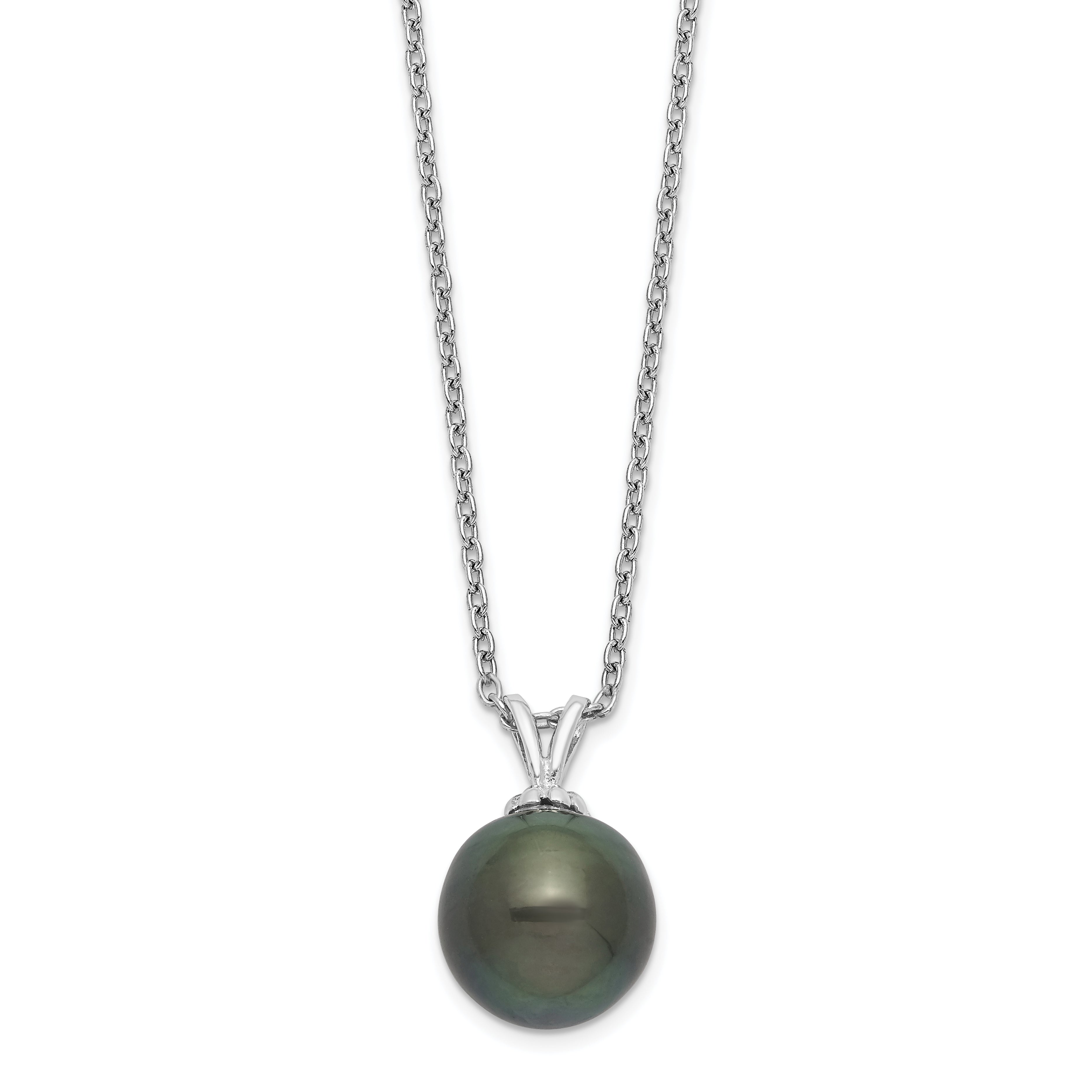 Sterling Silver Rhodium-Rhodium-Plated 9-10mm Black Teardrop Tahitian Saltwater Cultured Pearl 17 inch Necklace