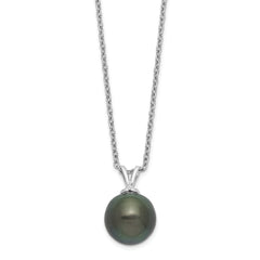 Sterling Silver Rhodium-Rhodium-Plated 9-10mm Black Teardrop Tahitian Saltwater Cultured Pearl 17 inch Necklace