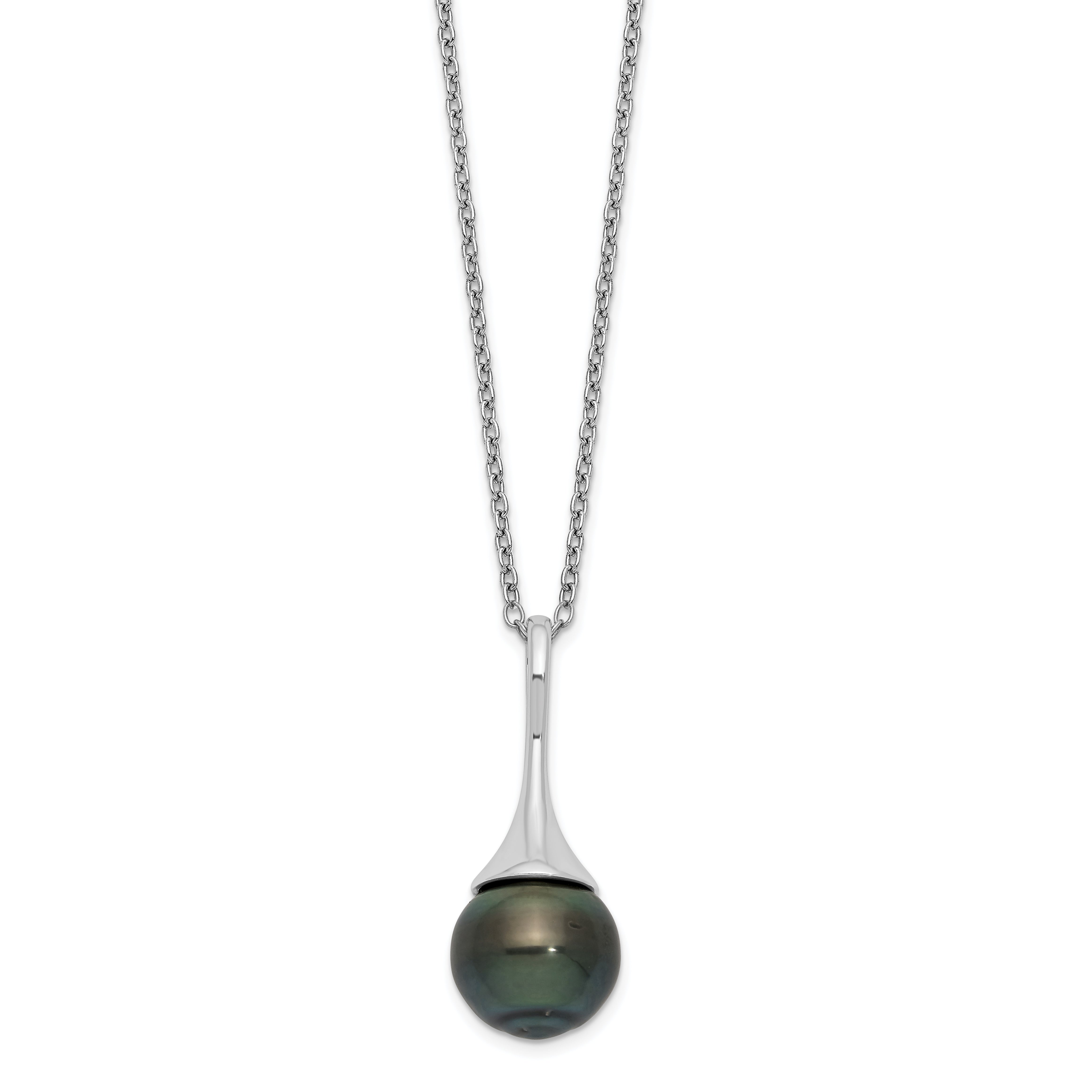 Sterling Silver Rhodium-Rhodium-Plated 9-10mm Black Teardrop Tahitian Saltwater Cultured Pearl 17 inch Necklace
