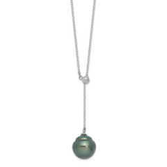 Sterling Silver Rhodium-Rhodium-Plated 9-10mm Black Baroque Tahitian Saltwater Cultured Pearl 18 inch Necklace