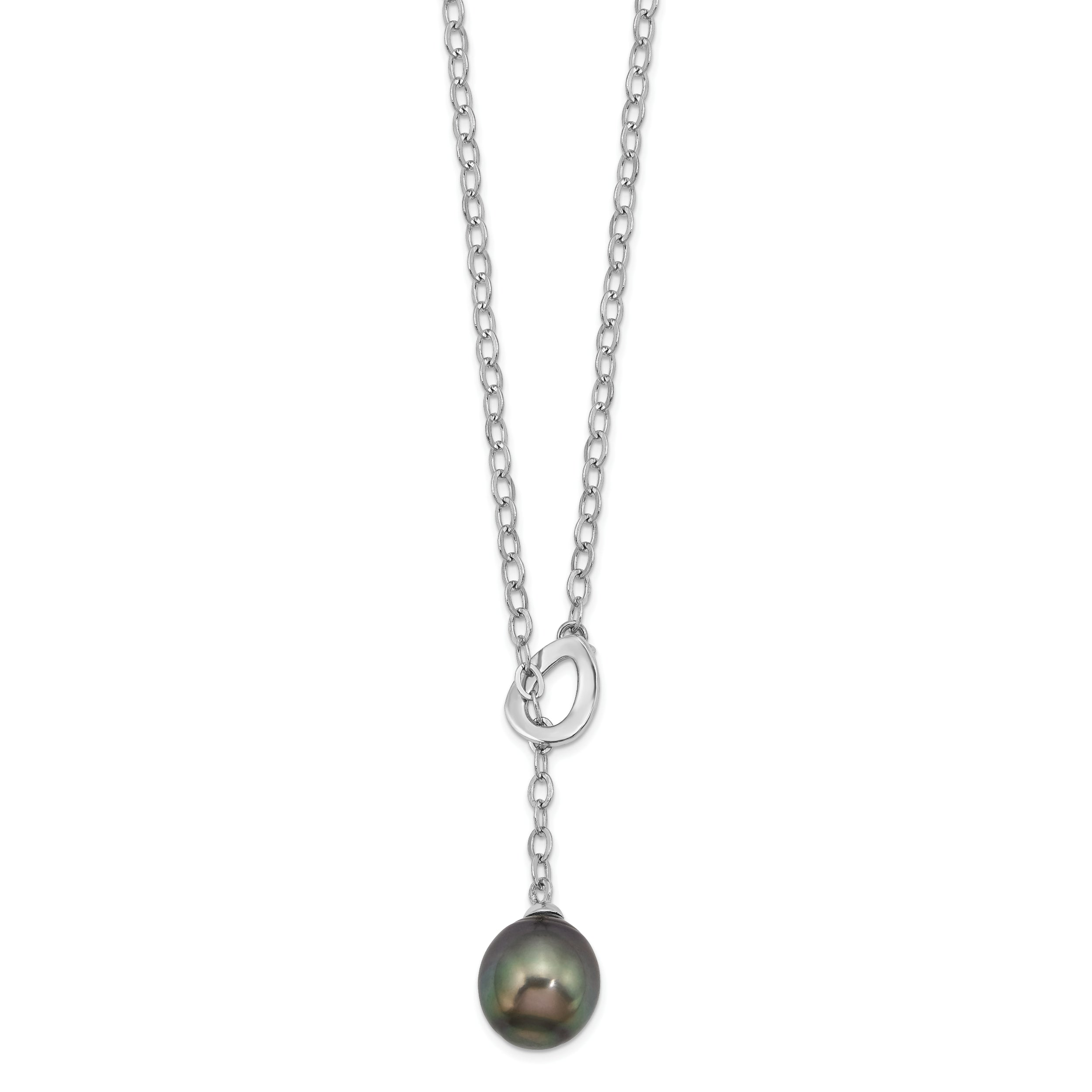 Sterling Silver Rhodium-Rhodium-Plated 9-10mm Black Teardrop Tahitian Saltwater Cultured Pearl Slide 19.5 inch Necklace