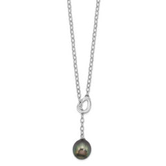 Sterling Silver Rhodium-Rhodium-Plated 9-10mm Black Teardrop Tahitian Saltwater Cultured Pearl Slide 19.5 inch Necklace