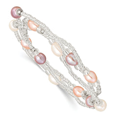 6-8mm White, Pink and Purple Rice Freshwater Cultured Pearl and Glass Bead Stretch 3-Bracelet Set
