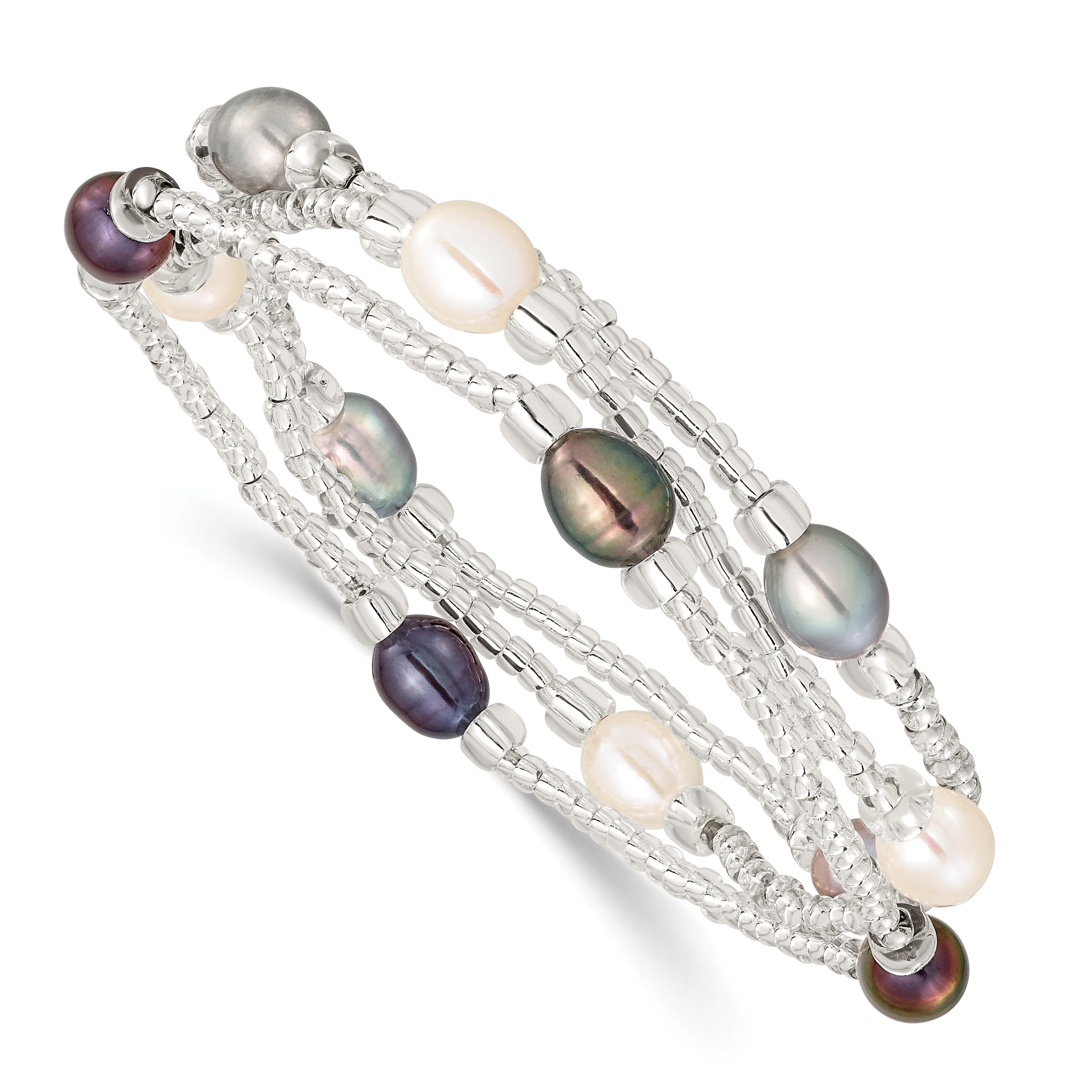 6-8mm White, Black and Grey Rice Freshwater Cultured Pearl and Glass Bead Stretch 3-Bracelet Set