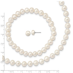 Sterling Silver Rhodium-plated 7-8mm White Near-Round Freshwater Cultured Pearl 18 inch Necklace, Stretch Bracelet and Button Post Earrings Set