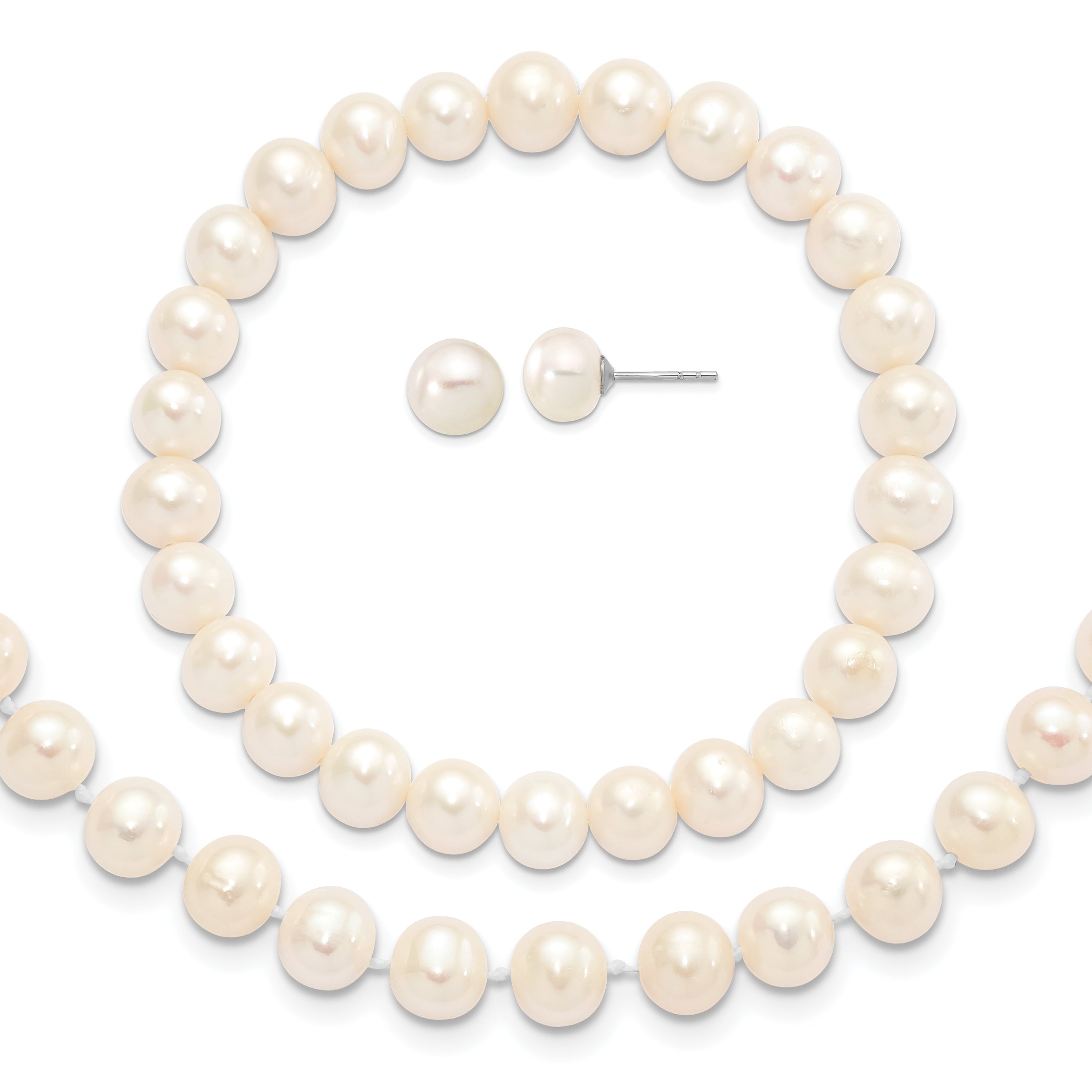 Sterling Silver Rhodium-plated 7-8mm White Near-Round Freshwater Cultured Pearl 18 inch Necklace, Stretch Bracelet and Button Post Earrings Set