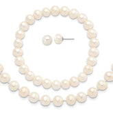 Sterling Silver Rhodium-plated 7-8mm White Near-Round Freshwater Cultured Pearl 18 inch Necklace, Stretch Bracelet and Button Post Earrings Set