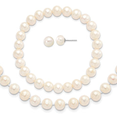 Sterling Silver Rhodium-plated 7-8mm White Near-Round Freshwater Cultured Pearl 18 inch Necklace, Stretch Bracelet and Button Post Earrings Set