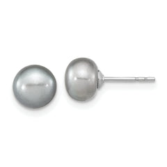 Sterling Silver Rhodium-plated 7-8mm Grey Near-Round Freshwater Cultured Pearl 18 inch Necklace, Stretch Bracelet and Button Post Earrings Set