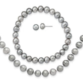 Sterling Silver Rhodium-plated 7-8mm Grey Near-Round Freshwater Cultured Pearl 18 inch Necklace, Stretch Bracelet and Button Post Earrings Set
