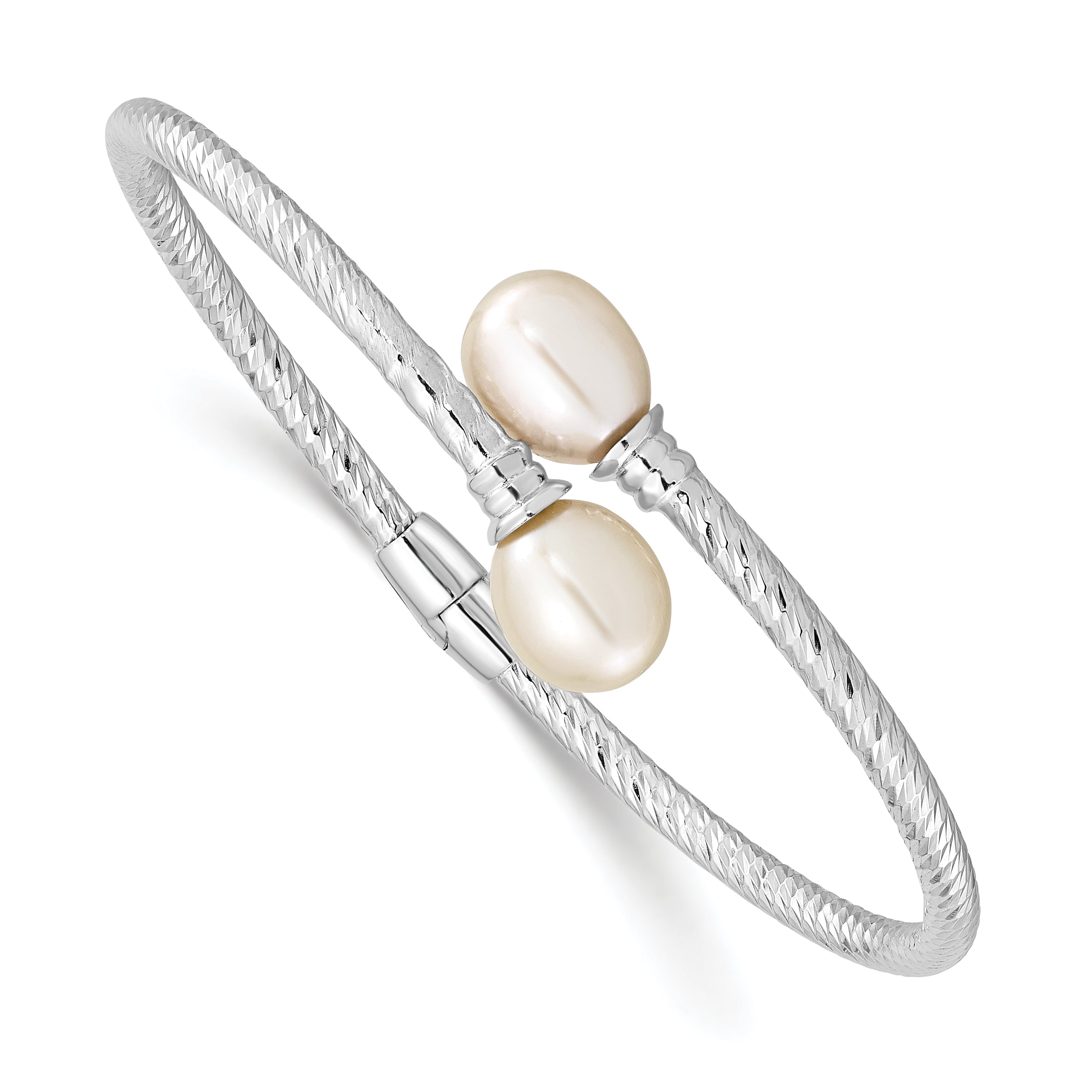 Sterling Silver Rhodium-Rhodium-Plated 8-9mm White Rice Freshwater Cultured Pearl Hinged Bangle