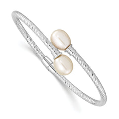 Sterling Silver Rhodium-Rhodium-Plated 8-9mm White Rice Freshwater Cultured Pearl Hinged Bangle