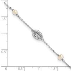 Sterling Silver Rhodium-plated Cowrie Shell & Semi-round FWC Pearl Bracelet