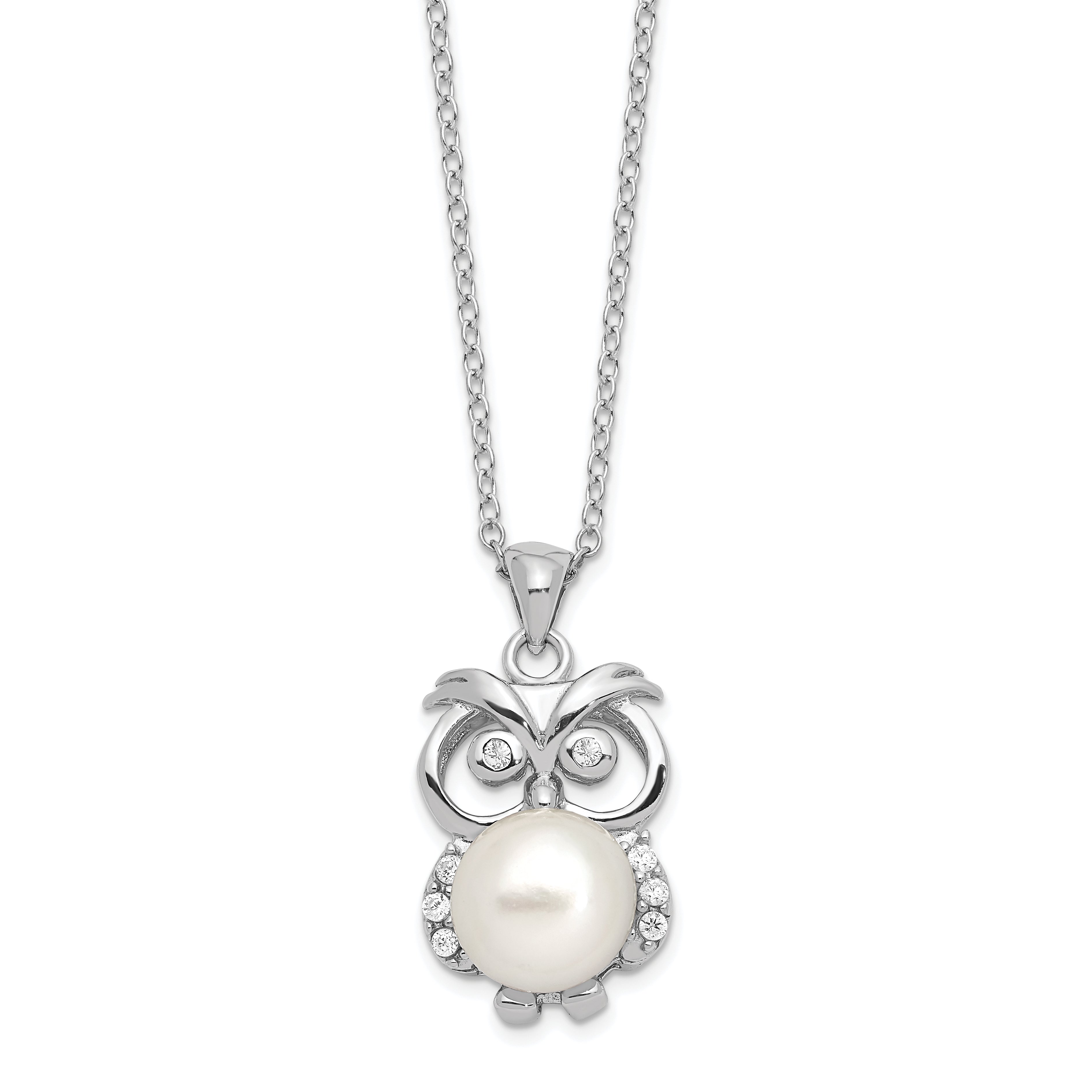 Sterling Silver Rhodium-Rhodium-Plated 8-9mm White Button Freshwater Cultured Pearl and CZ Owl 17 inch Necklace